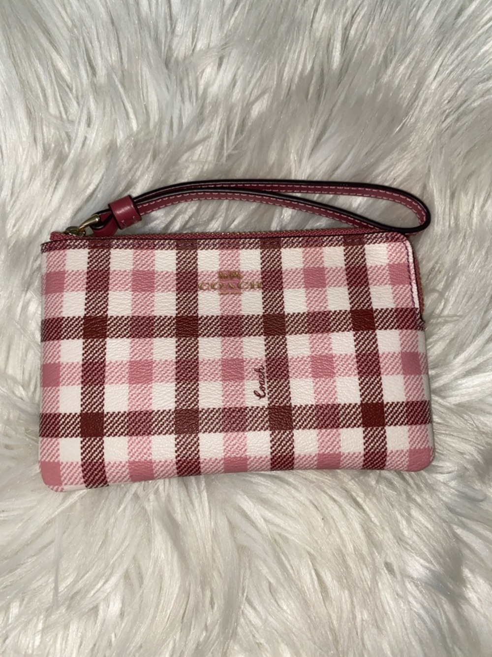 Coach Pink and White Plaid Wristlet with Gold Logo